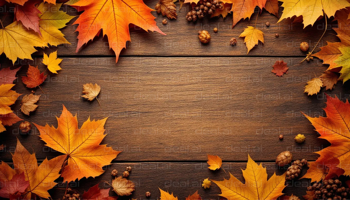 Autumn Leaves on Wood Background