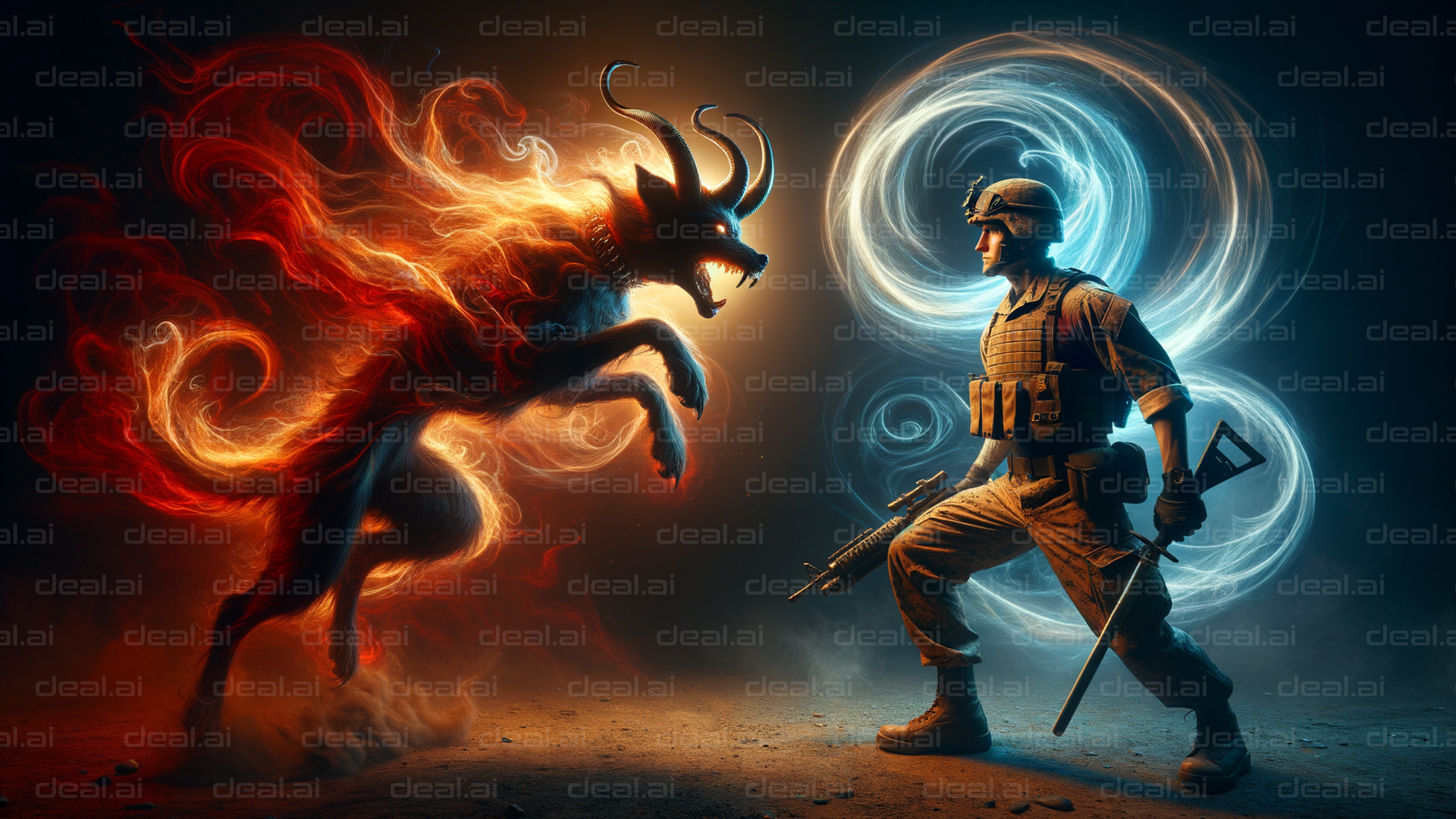 "Soldier vs. Fiery Beast: Epic Showdown"