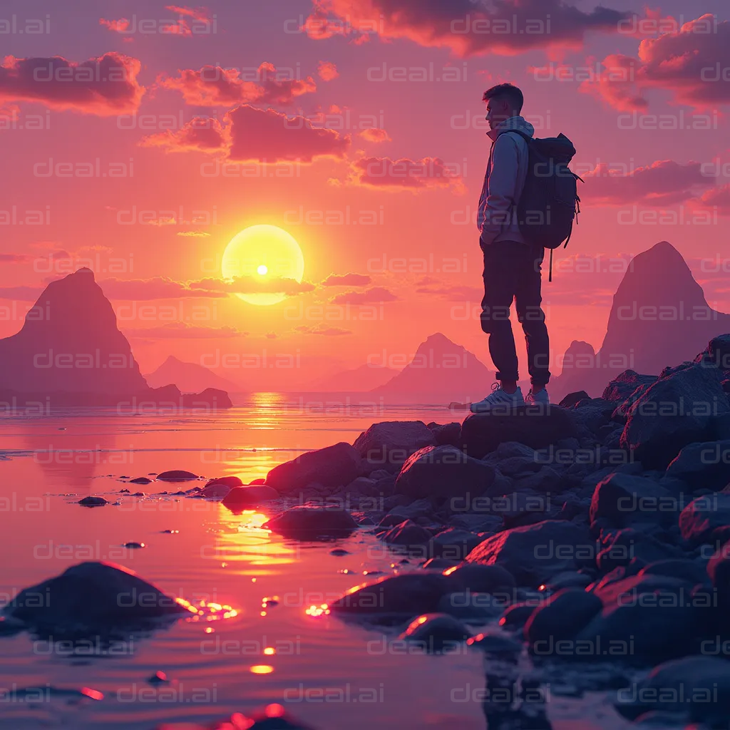 "Hiker Admiring Sunset Over Mountains"
