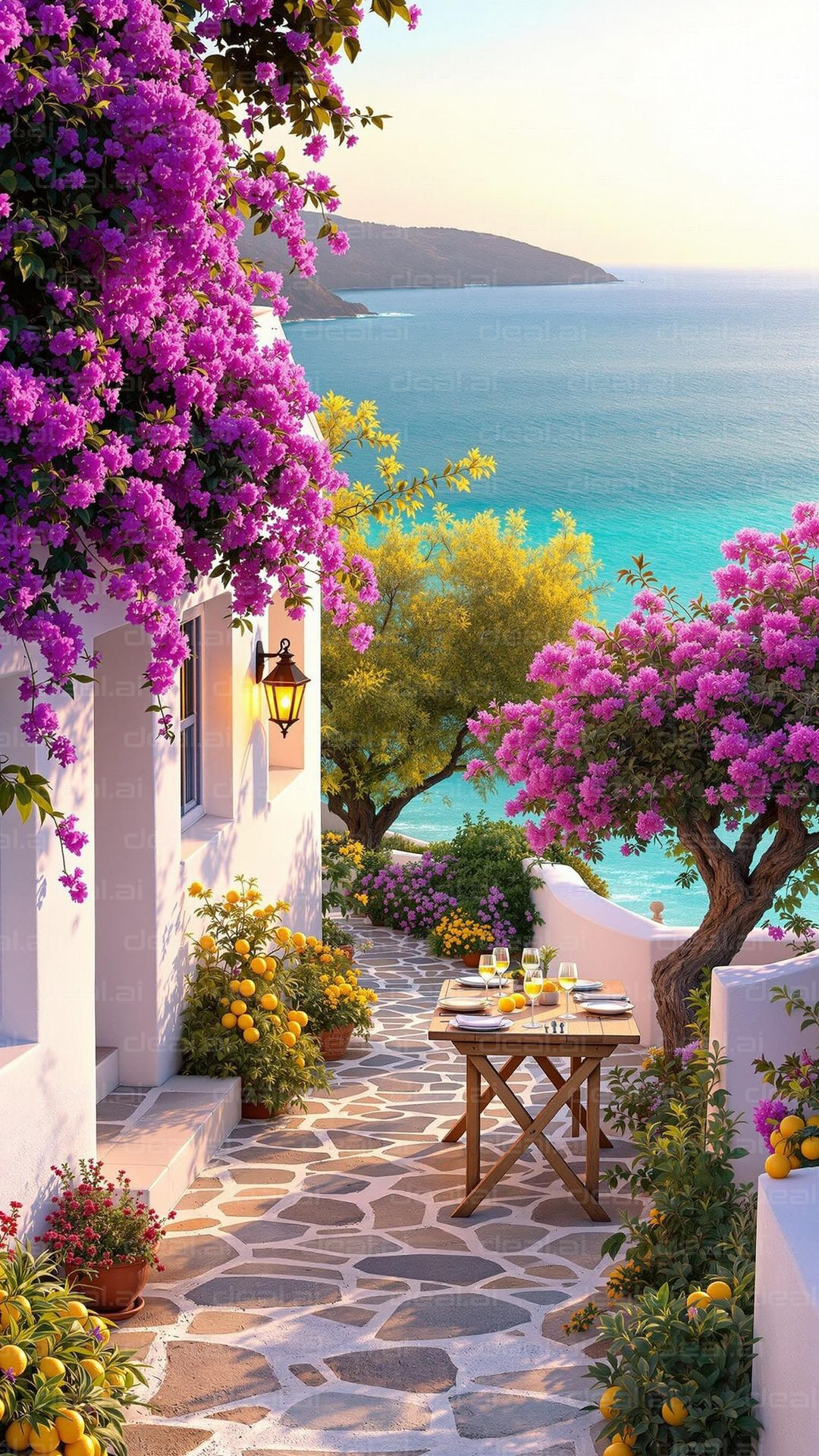 Seaside Patio with Bougainvillea Blooms