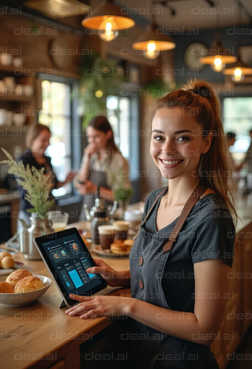 Smiling Barista with Tablet in Café