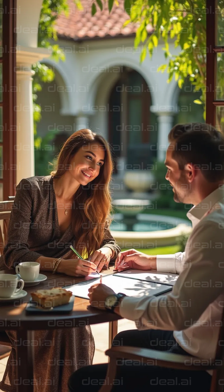 "Business Meeting in Courtyard Café"