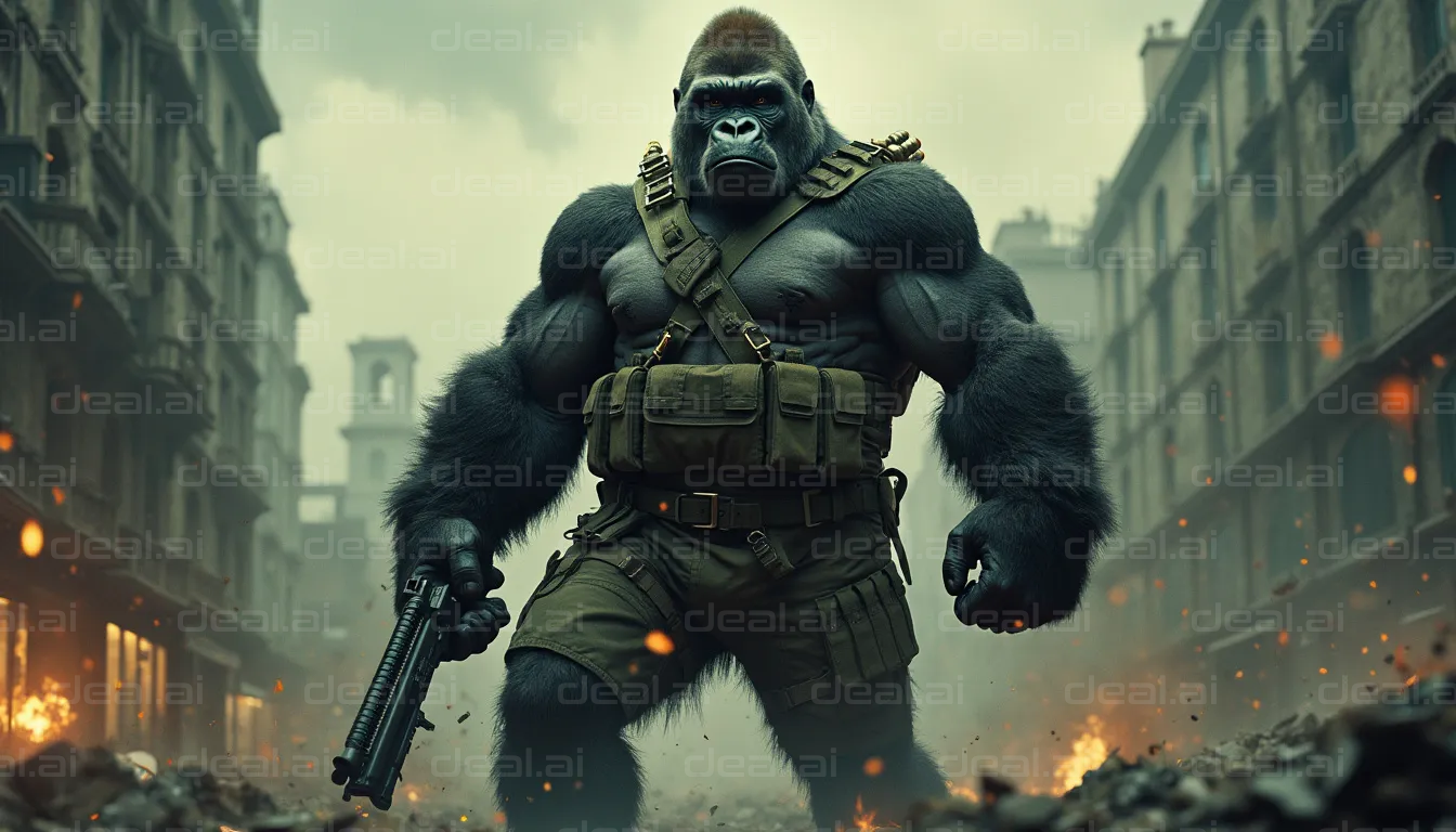 Armed Gorilla in War-Torn City