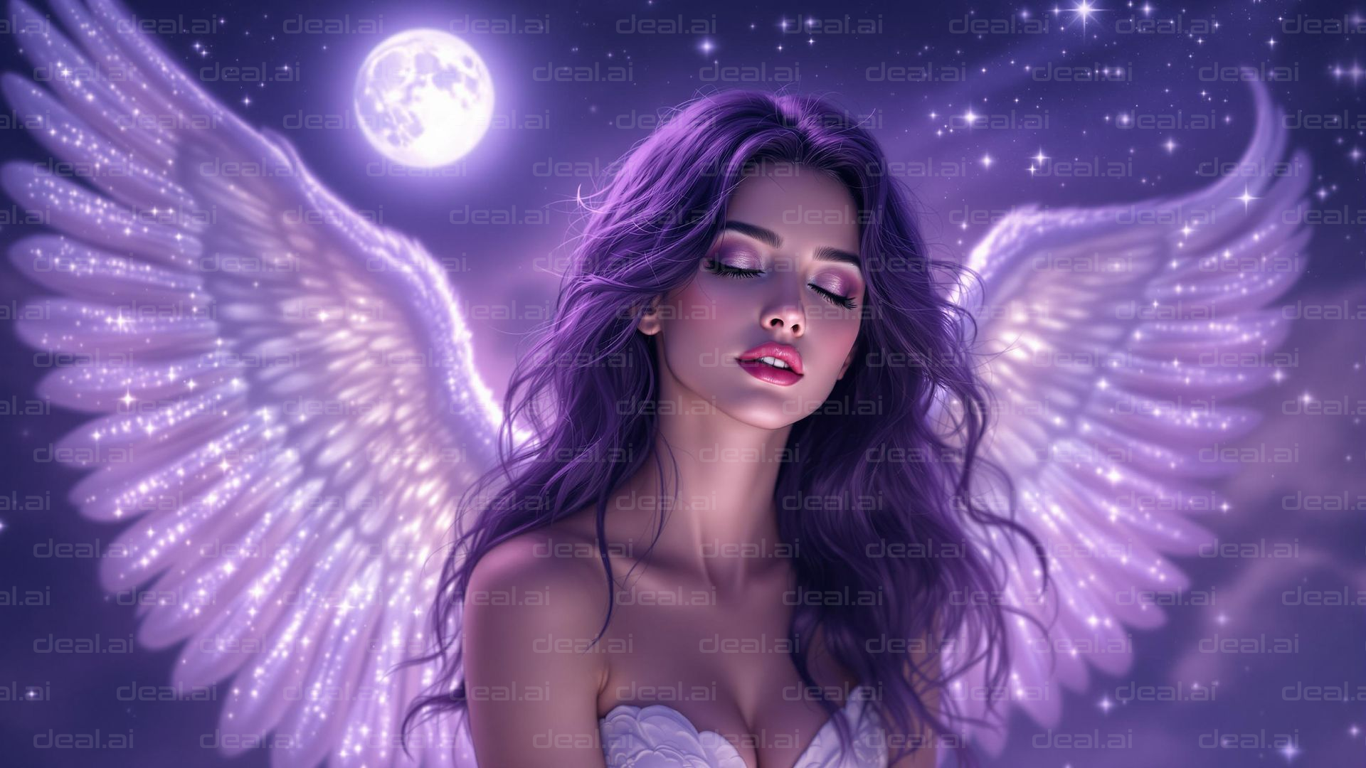 "Moonlit Angel in Dreamy Night Sky"