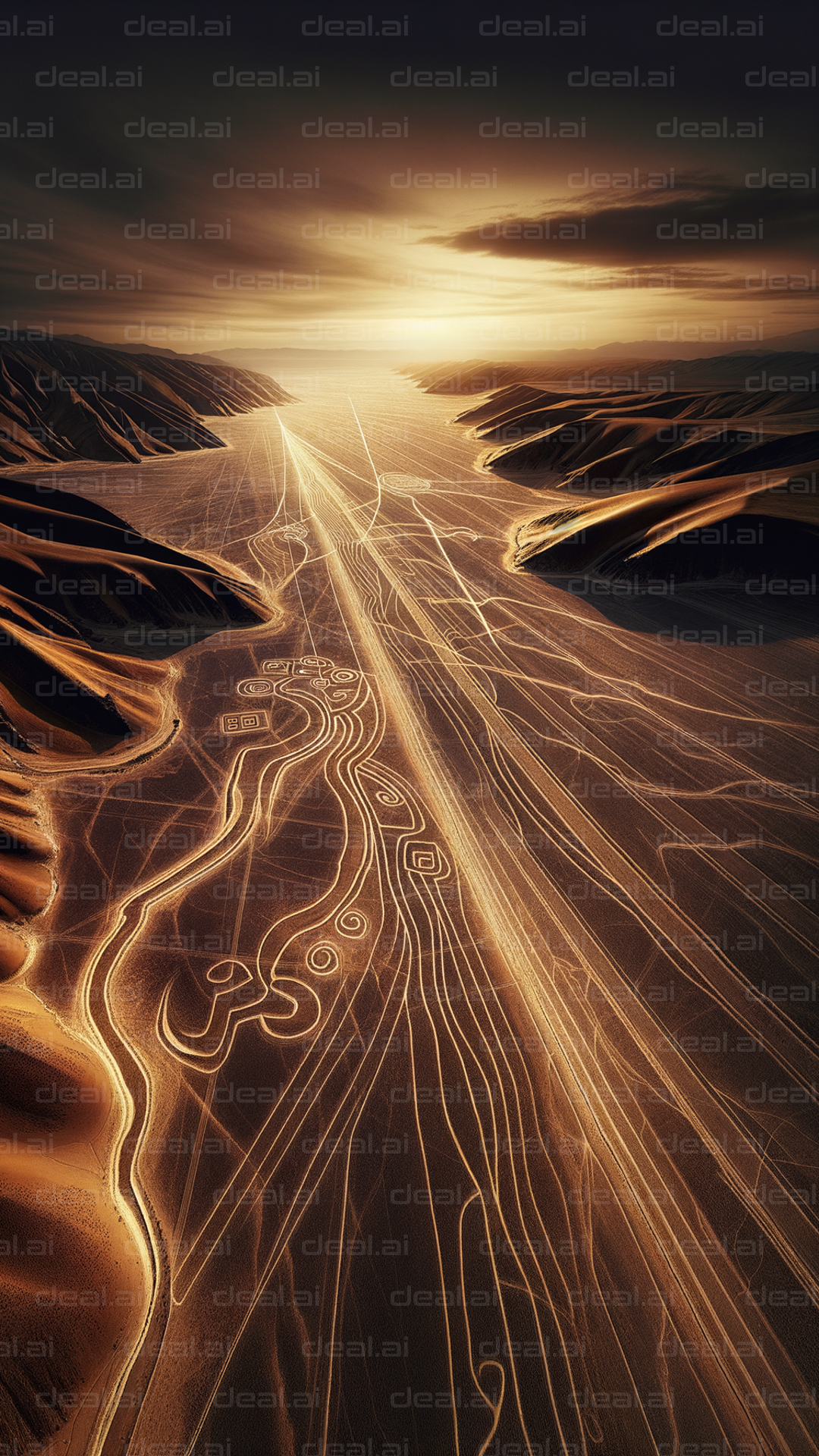 "Golden Sunset Over Desert Geoglyphs"