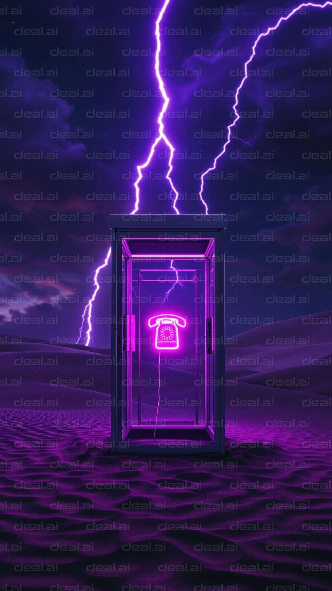 Neon Phone Booth Under Lightning Skies