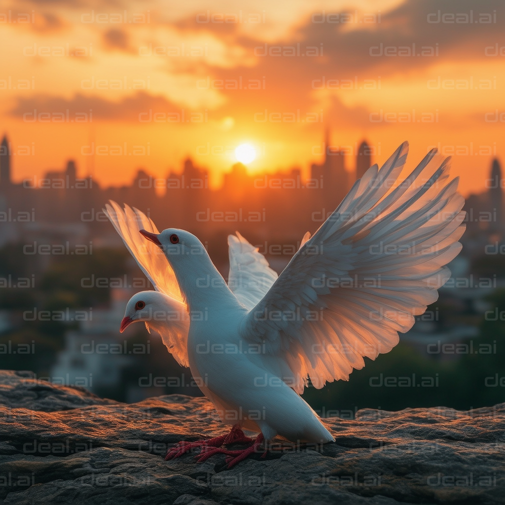 Doves at Sunset Over Cityscape