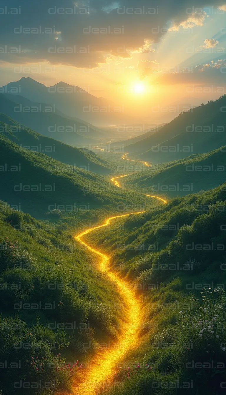 "Golden Path in Tranquil Mountainscape"