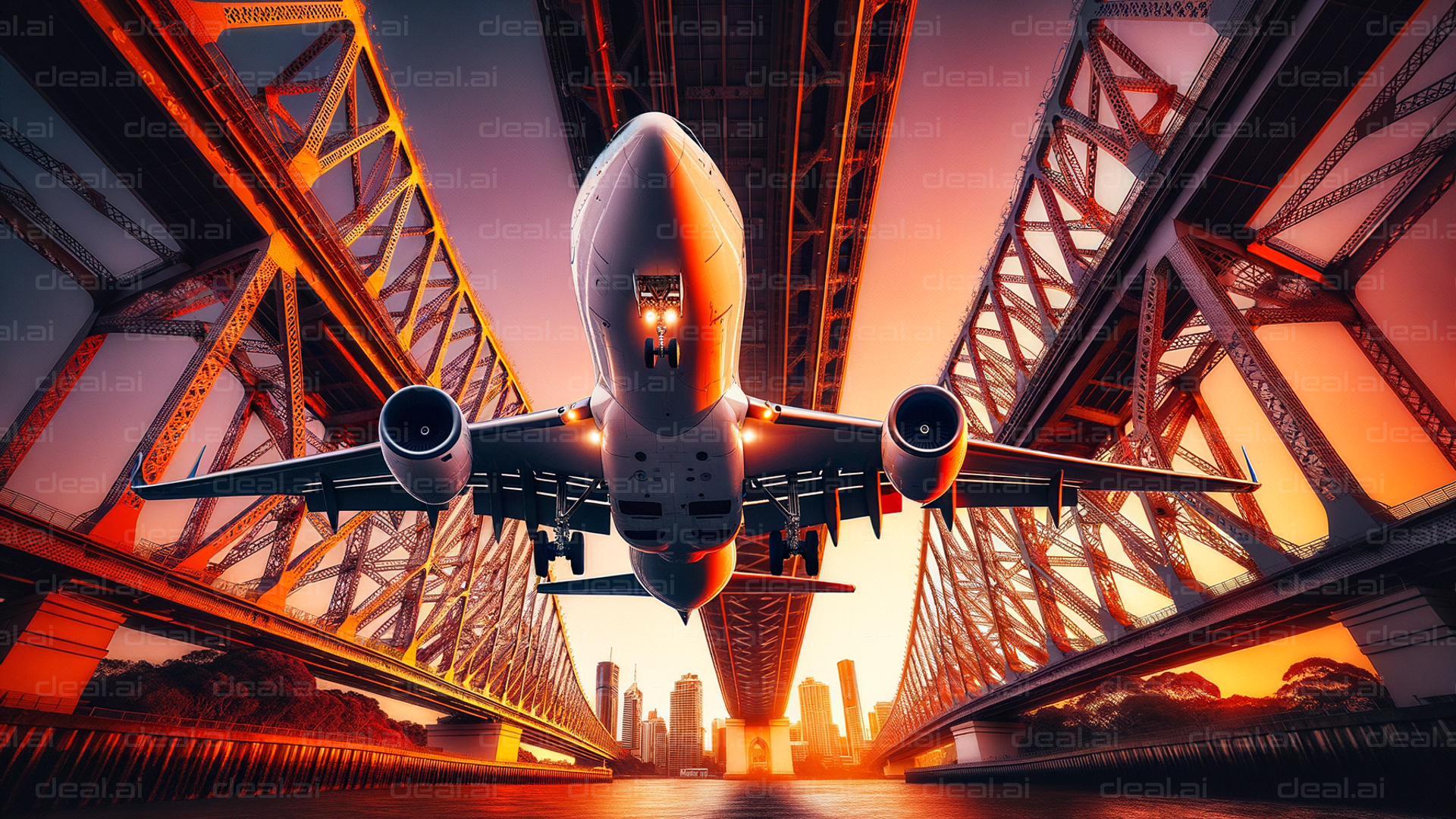 Airplane Under Bridge at Sunset