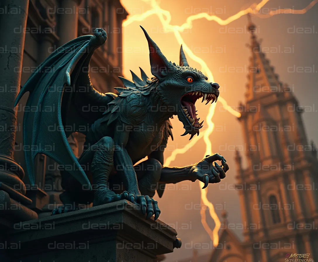 "Ferocious Gargoyle Amid Lightning Storm"