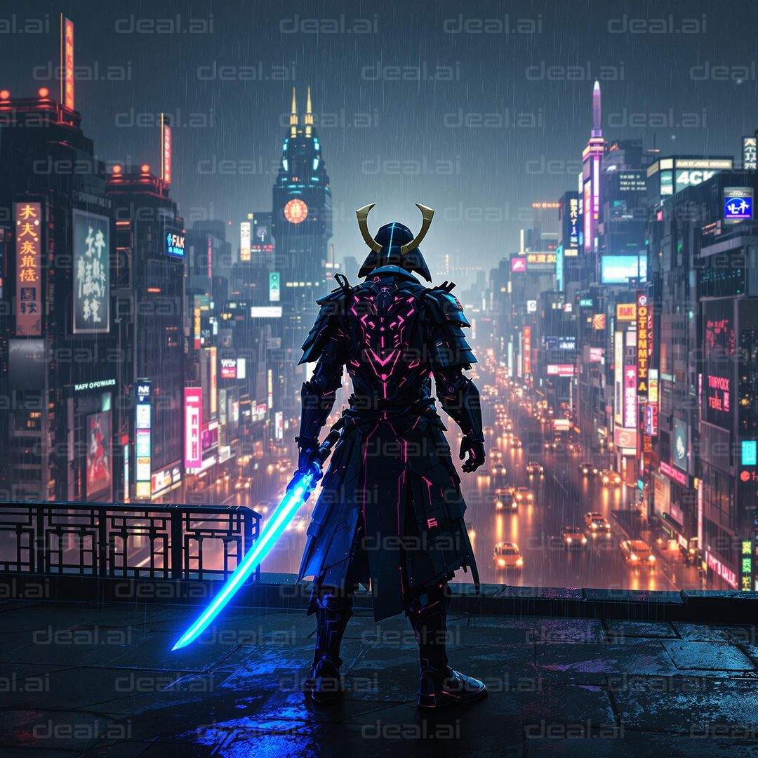 Cyber Samurai Overlooking Neon City