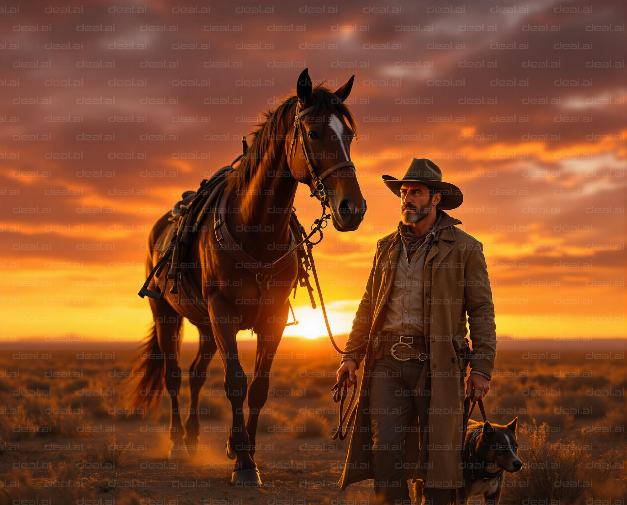 Cowboy at Sunset with Horse and Dog