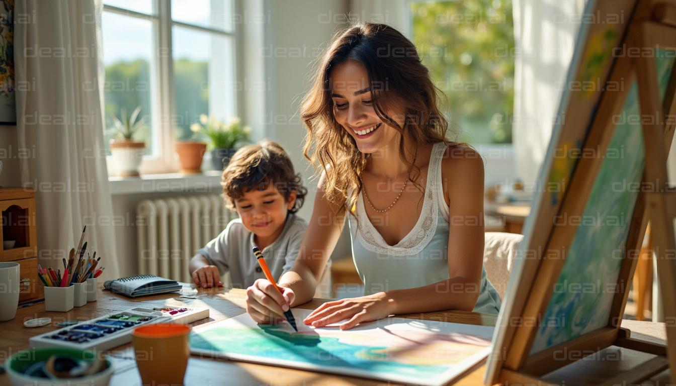 Mother and Child Enjoying Art Together