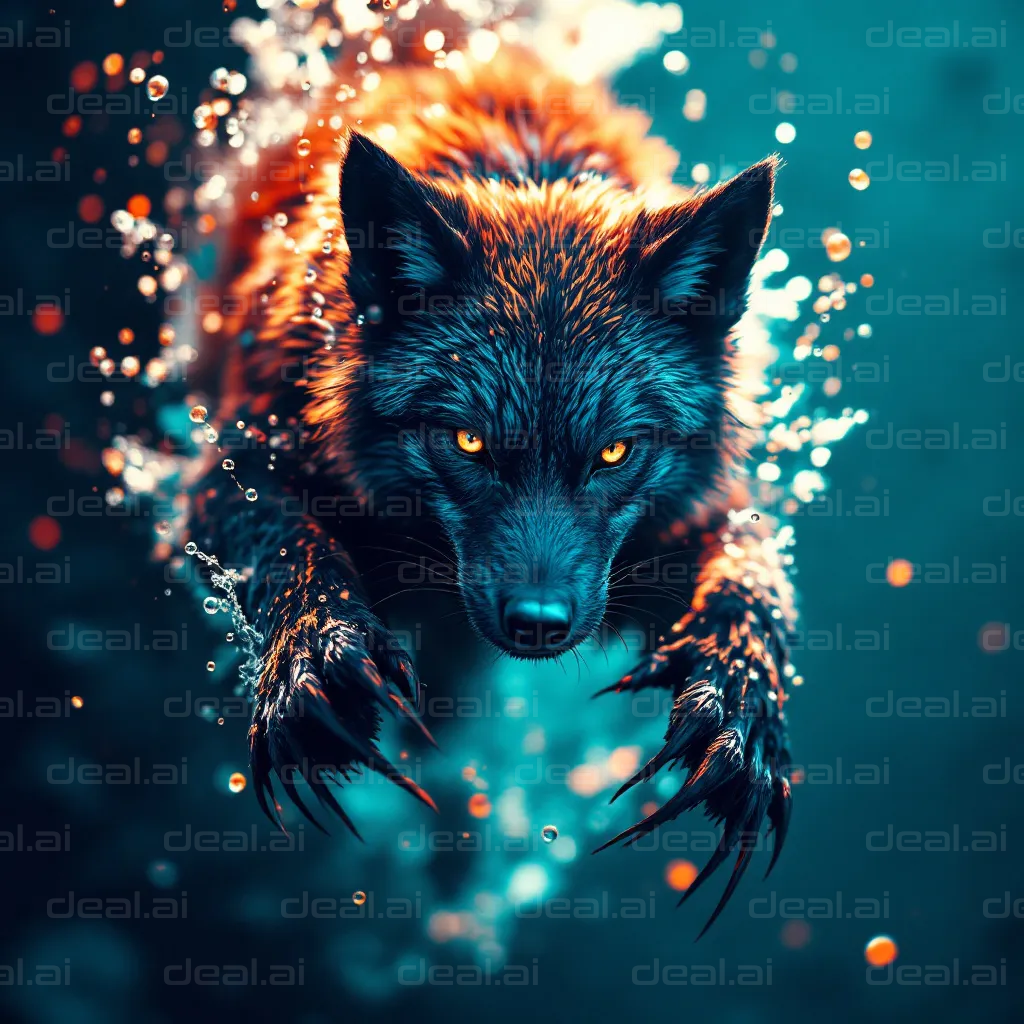 "Dynamic Wolf in Aqua Motion"