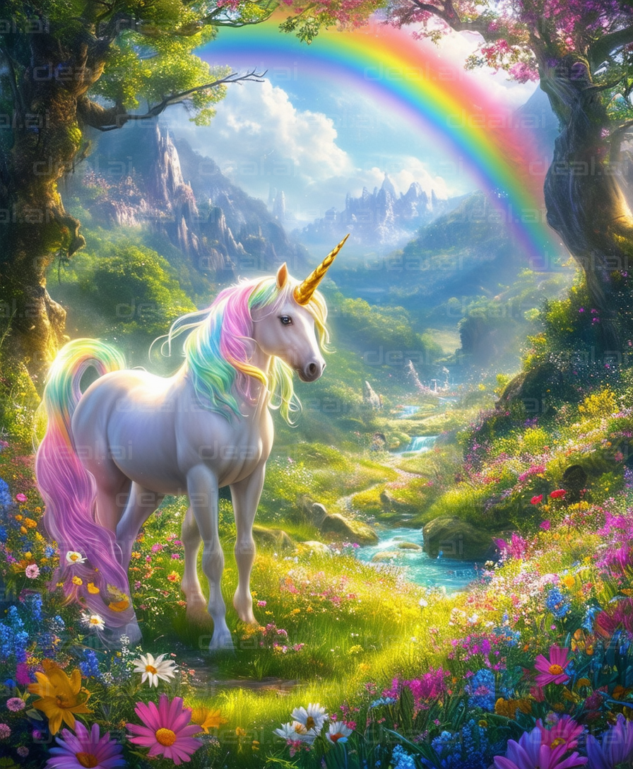 "Unicorn in Enchanted Forest Under Rainbow"