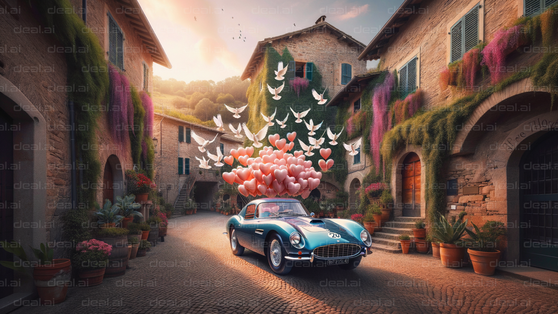 Vintage Car with Hearts and Doves