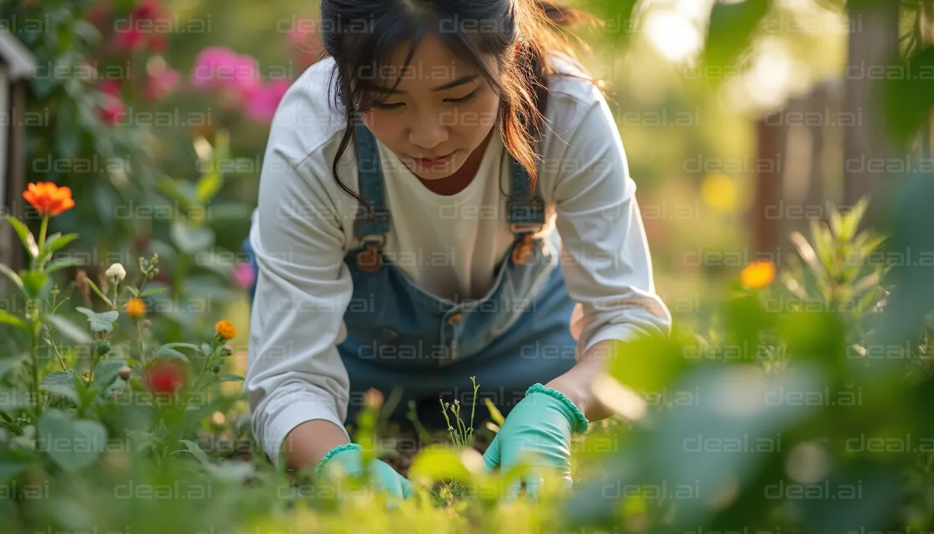 Woman Gardening in a Flowerbed