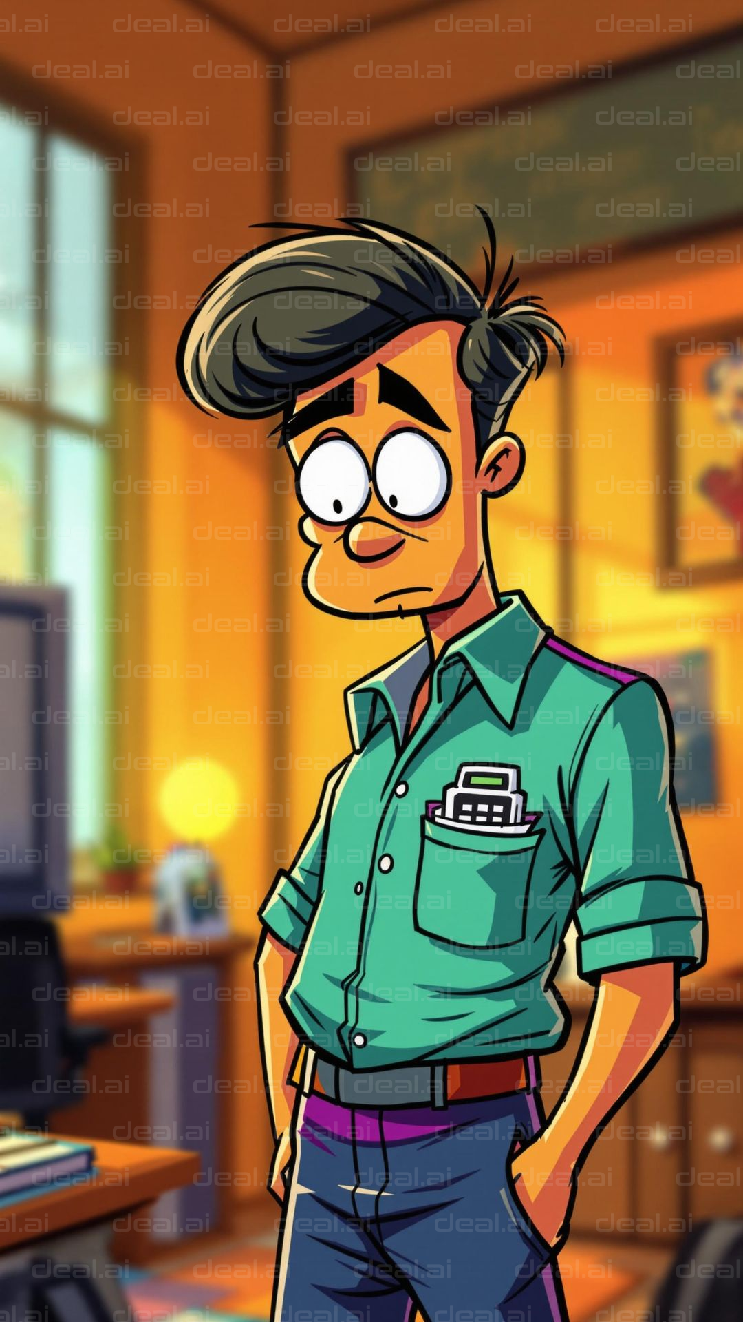 Worried Cartoon Character in Office