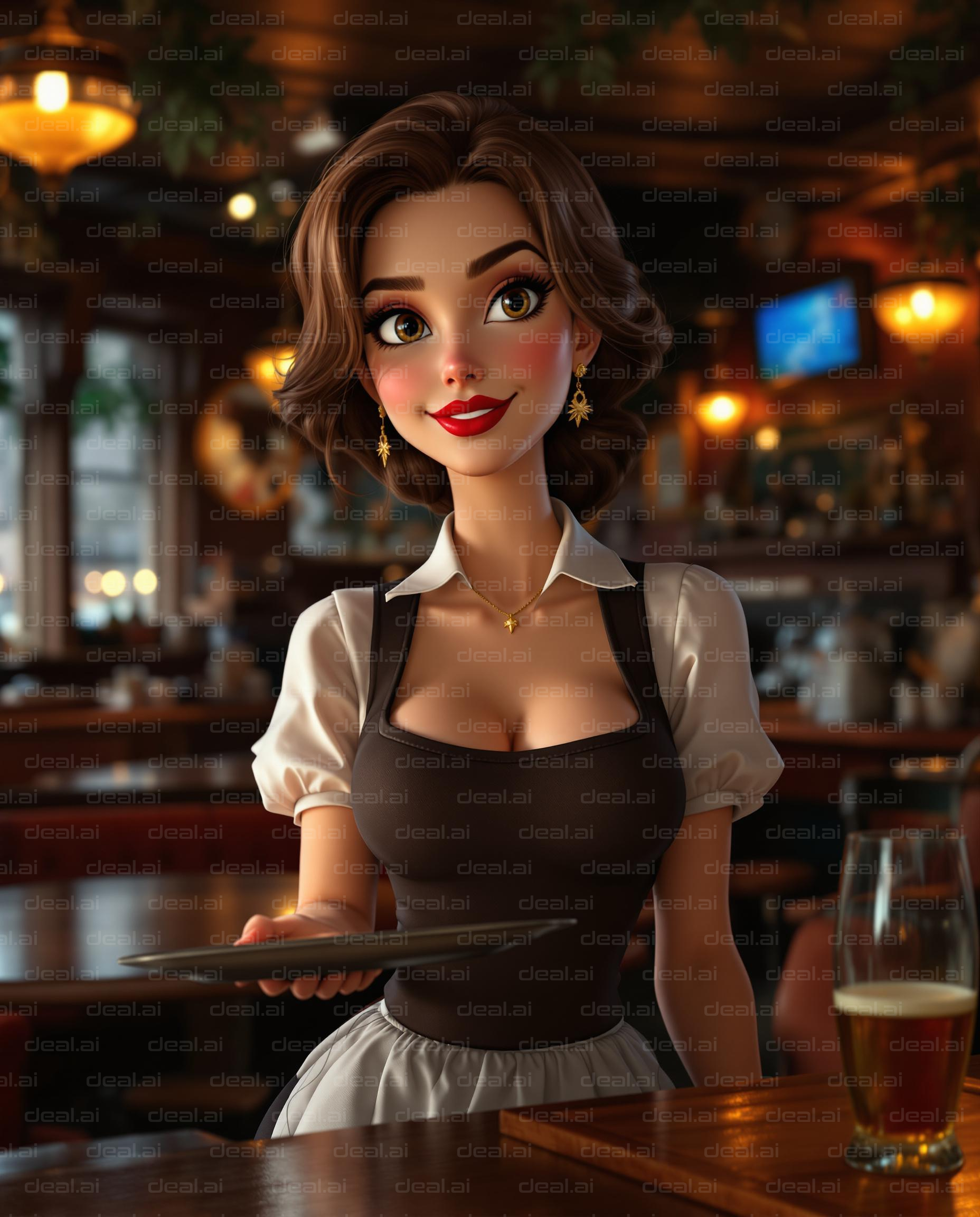 Animated Waitress in Cozy Tavern
