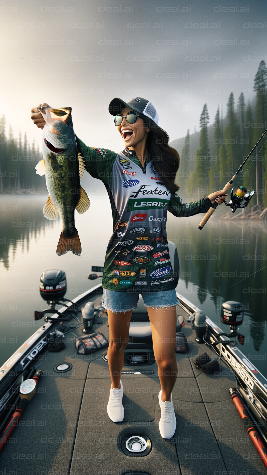 Joyful Angler with Big Catch on Lake