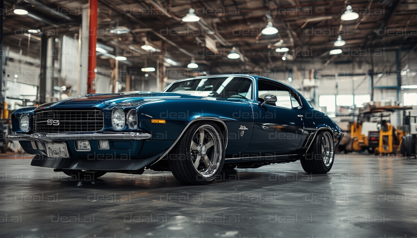 Classic Blue Muscle Car in Garage.