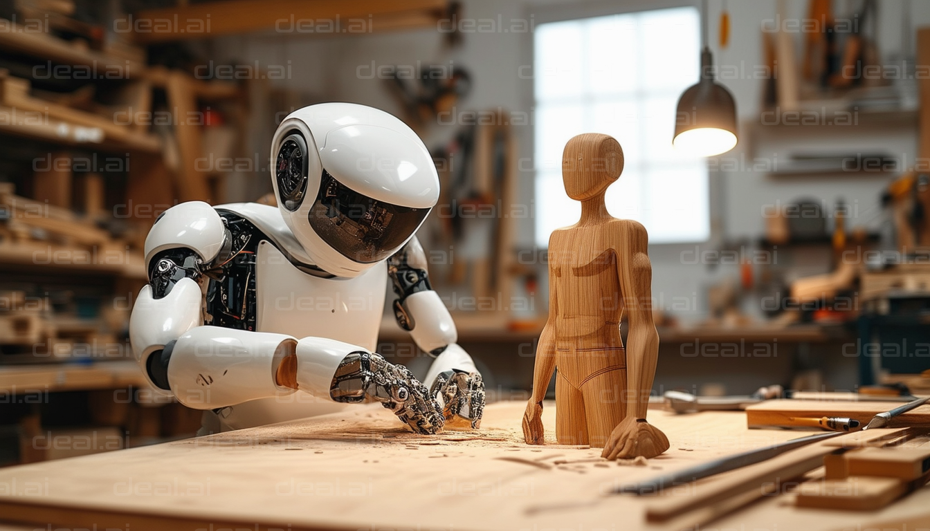 Robot Carpenter Crafting Wooden Sculpture