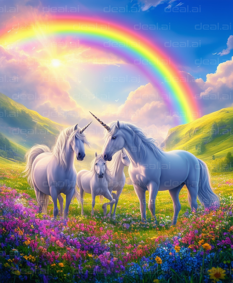 "Unicorns and Rainbow in Enchanted Meadow"