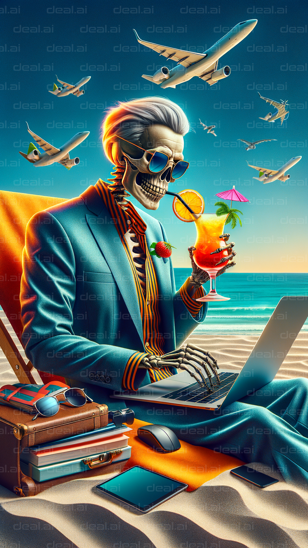 "Skeleton Enjoys Beachside Workcation"