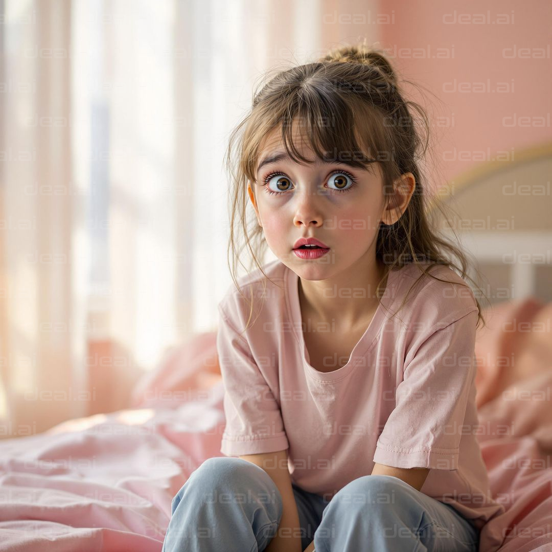 Surprised Little Girl in Pink Room