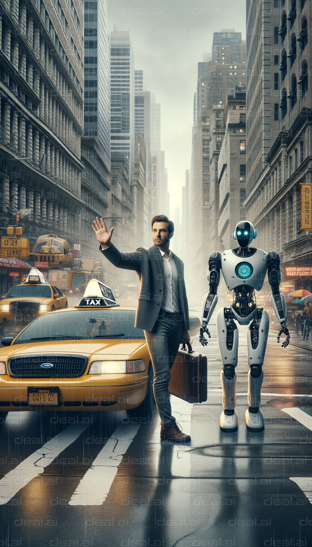 Man and Robot Hail Taxi in Rainy City