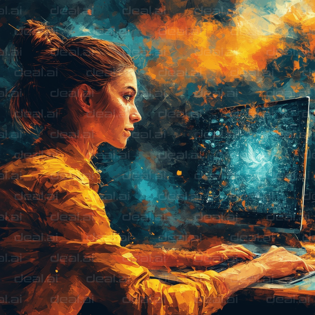 "Focused Woman at Computer - Digital Art"