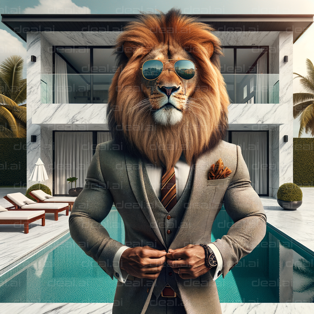 Lion in Suit: Poolside Swagger