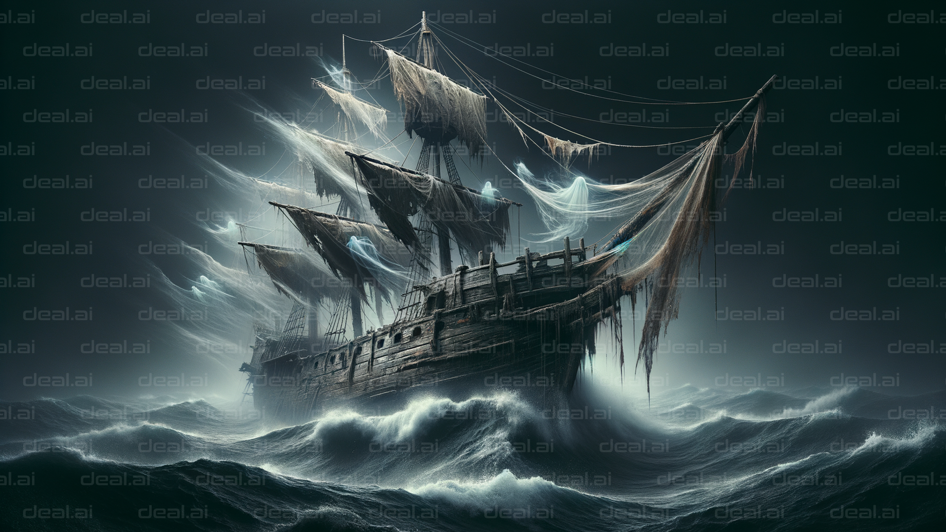 Ghostly Ship in a Stormy Sea