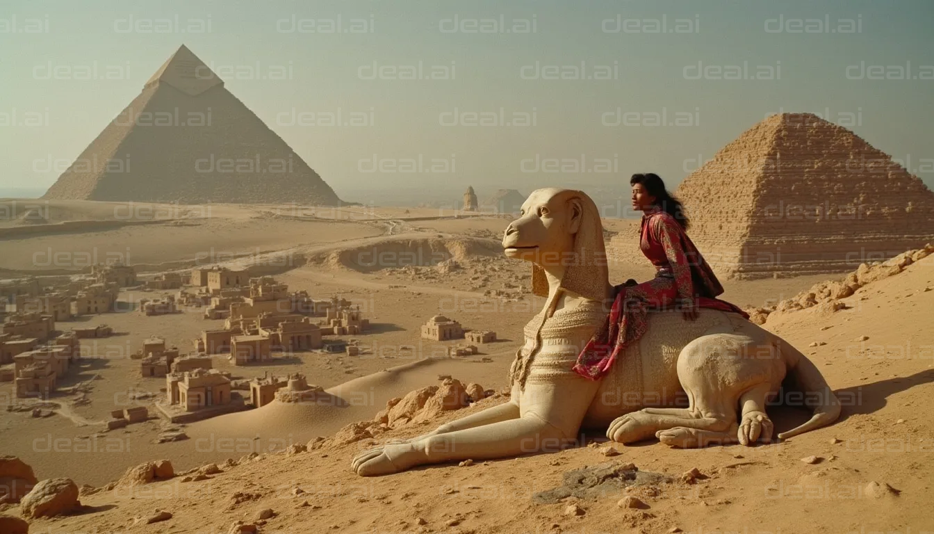 Woman in Red Dress with Sphinx and Pyramids