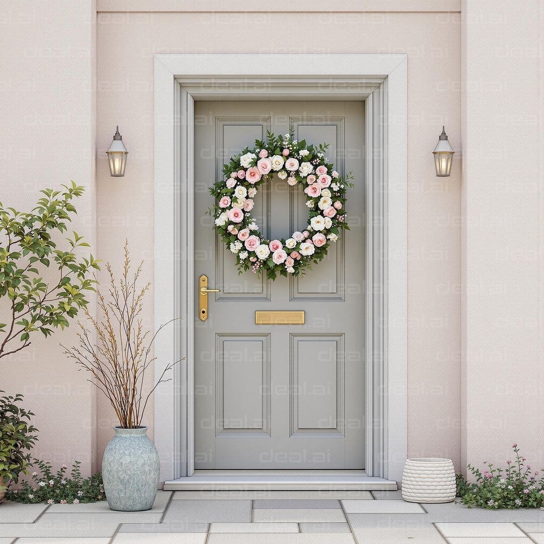 Charming Front Door with Floral Wreath