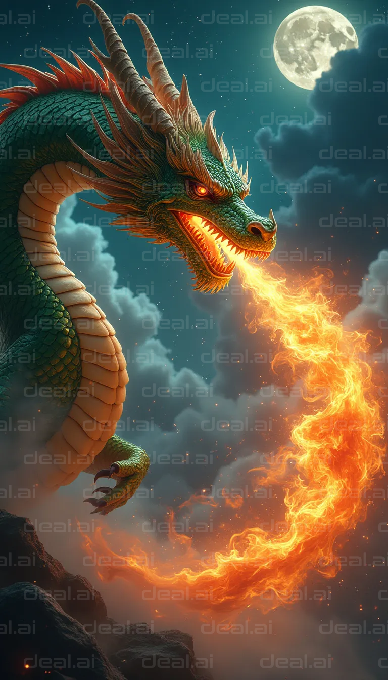 "Fiery Dragon Roaring Under Moonlight"