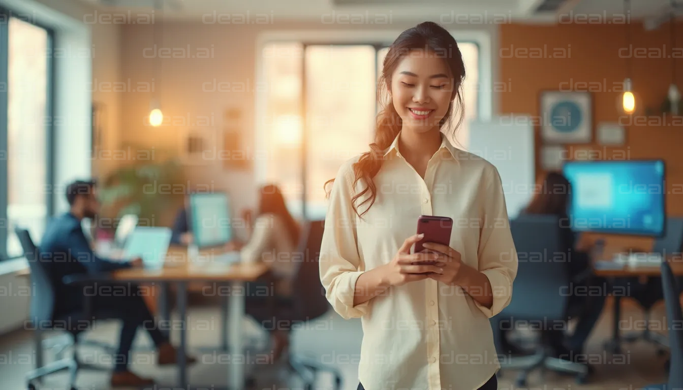 Smiling Woman in Office with Phone