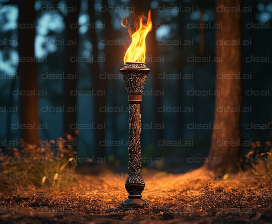 Ancient Torch Lit in Forest Twilight