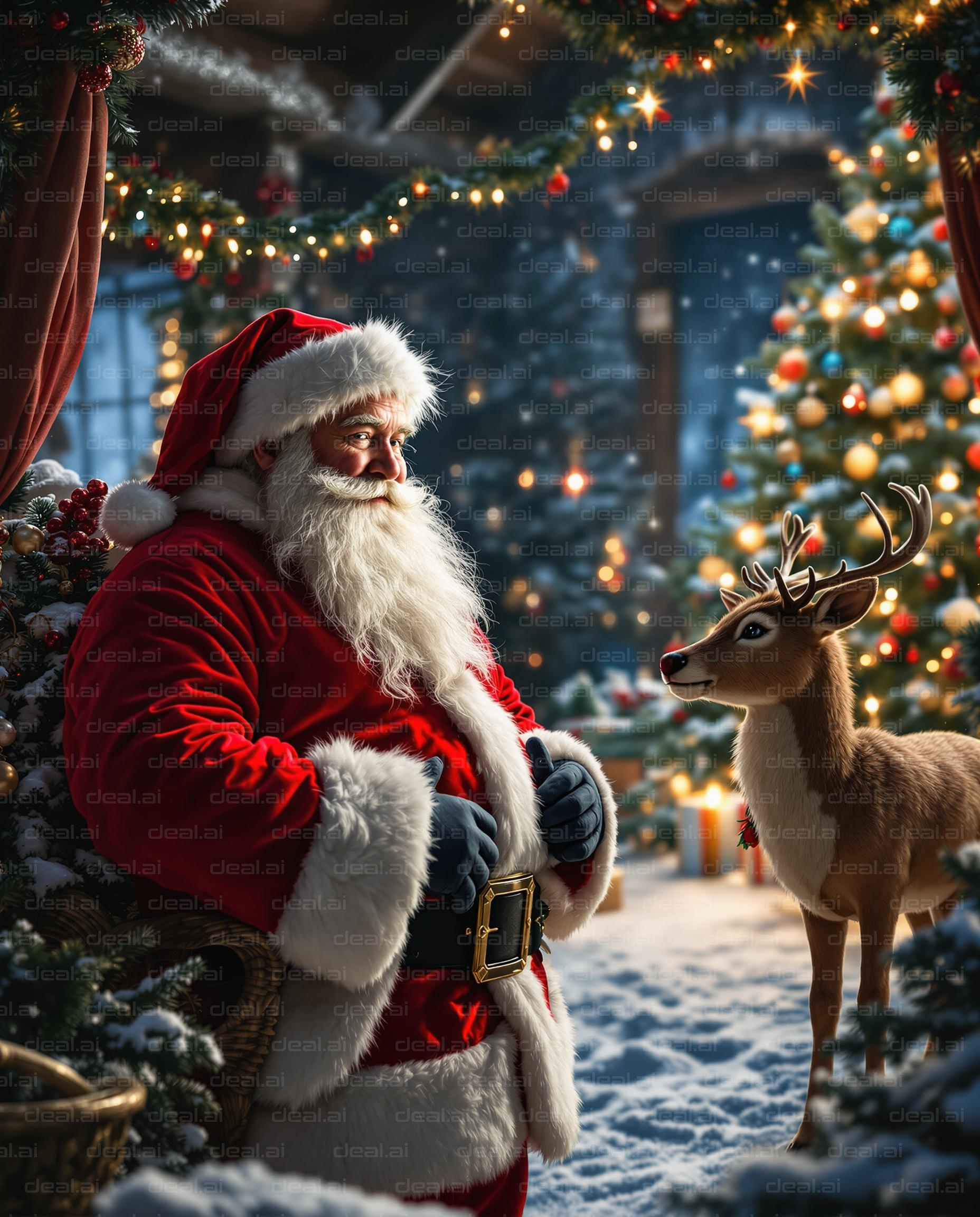 Santa and Reindeer in Cozy Scene