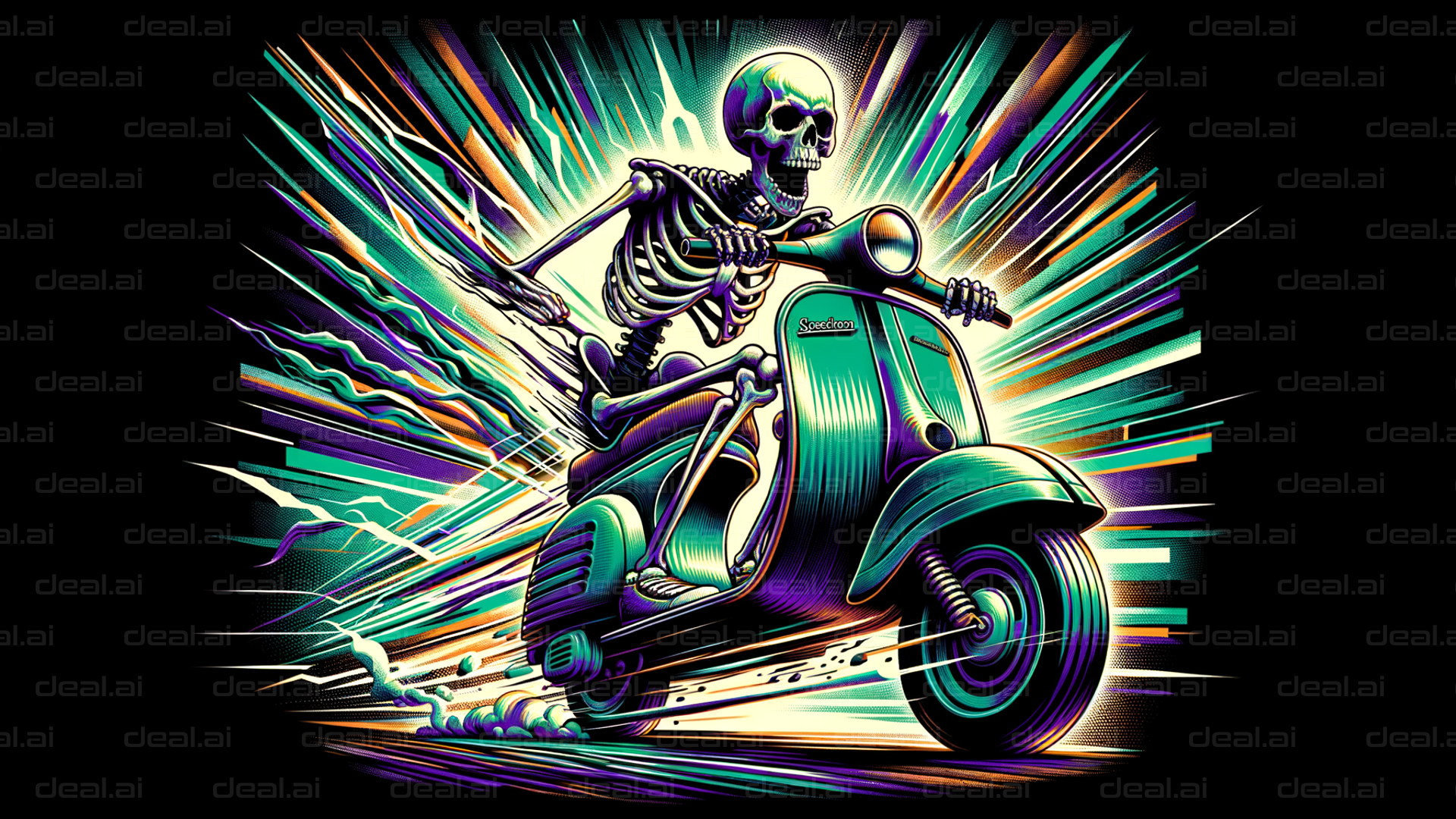 "Speeding Skeleton on a Retro Scooter"