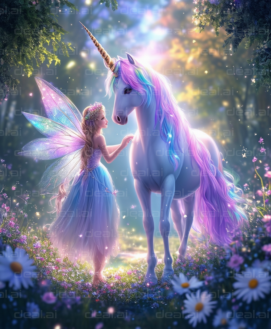 Fairy and Unicorn in Magical Forest