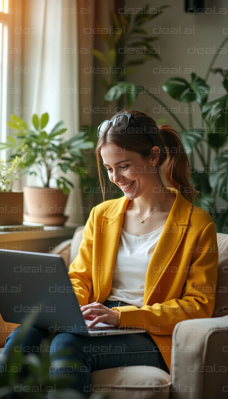"Happy Woman Working on Laptop at Home"