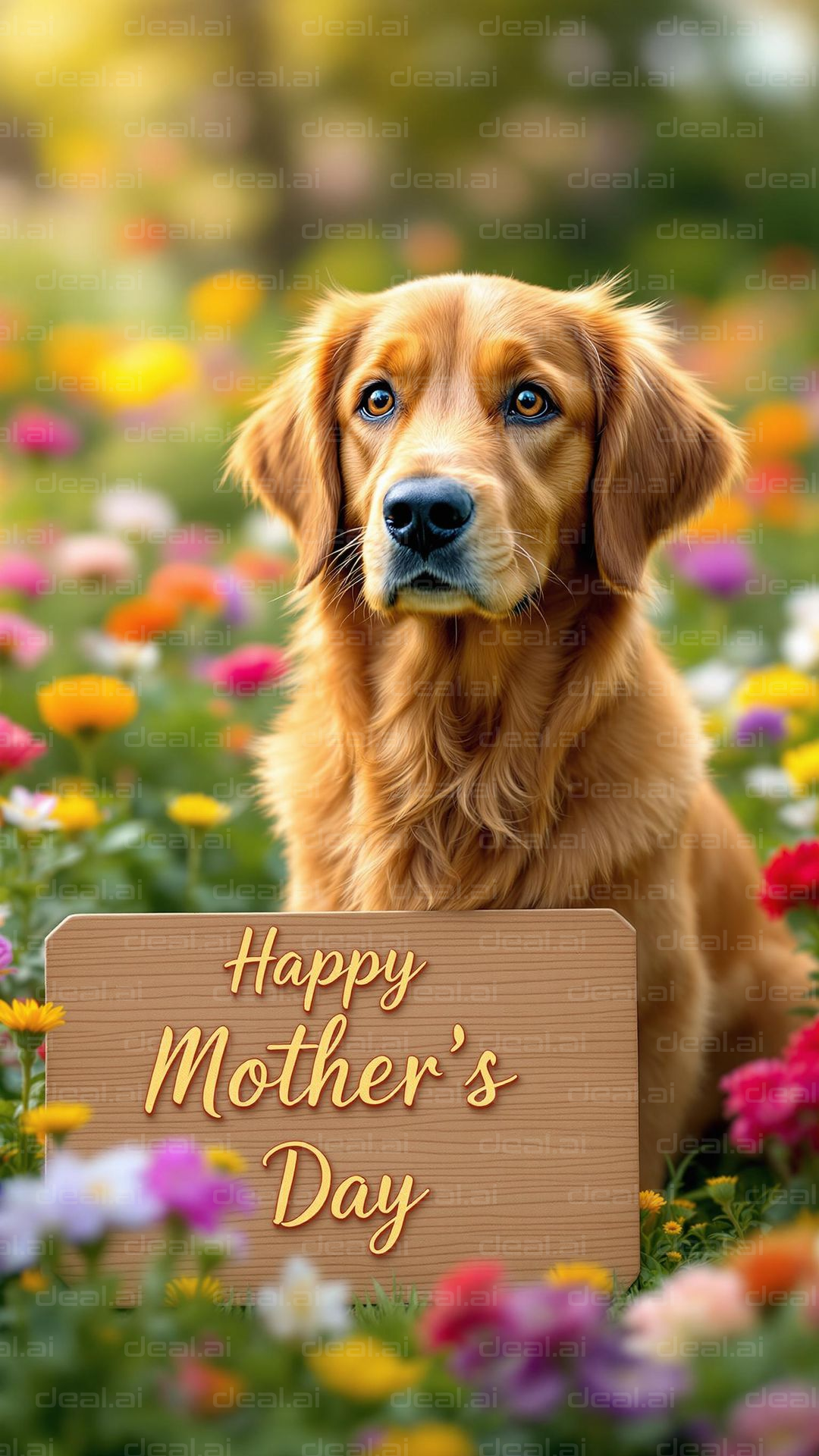 Dog with Mother's Day Sign in Flowers