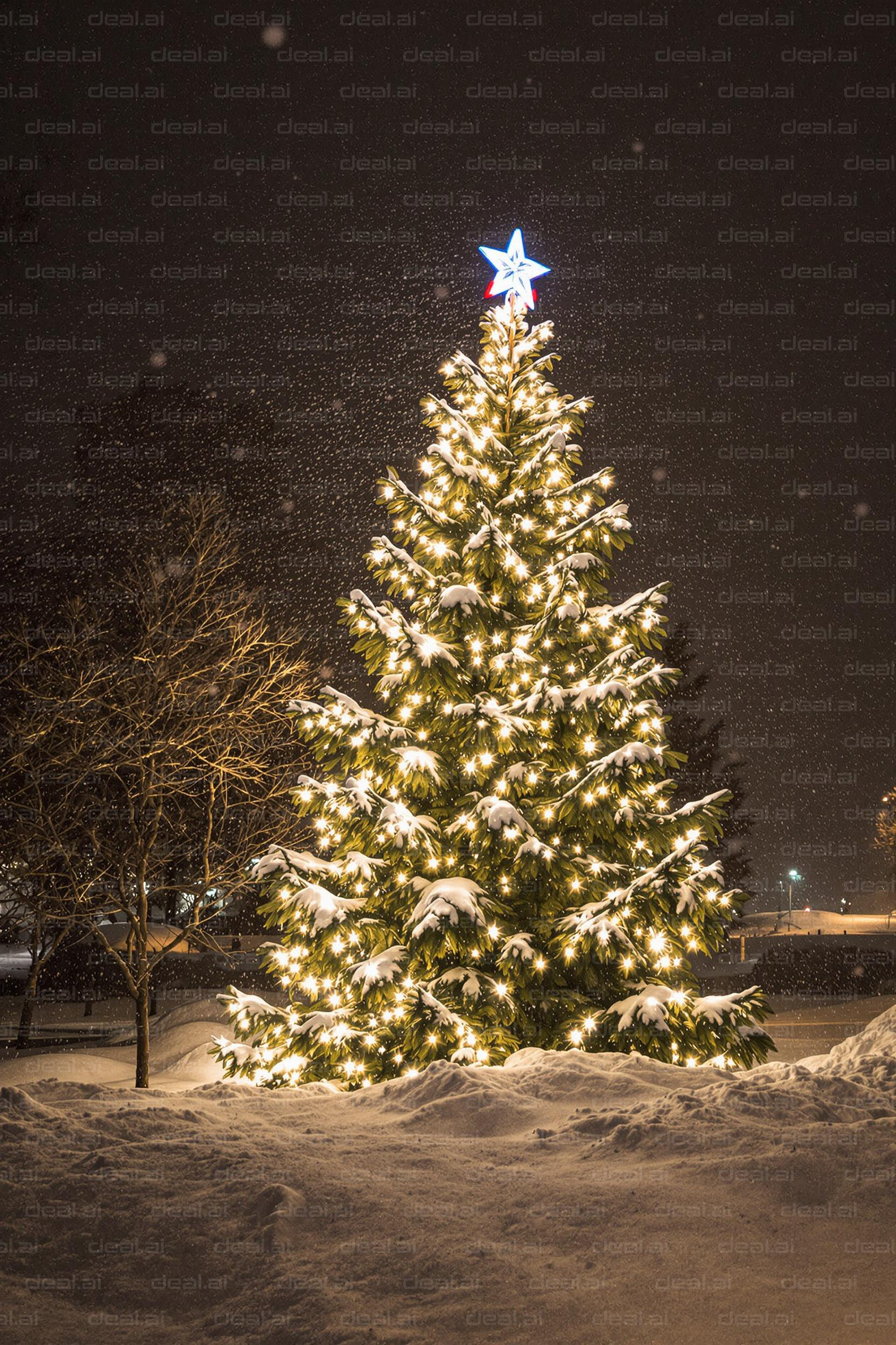 Snowy Christmas Tree at Night