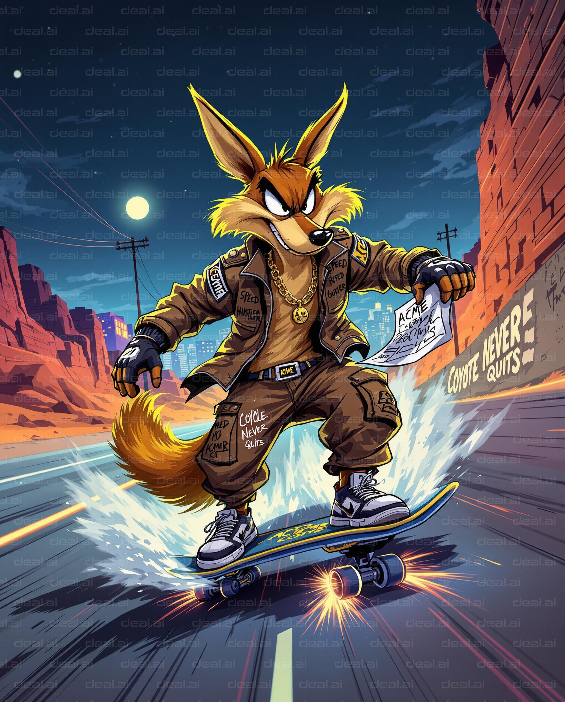 Skateboarding Coyote in Action