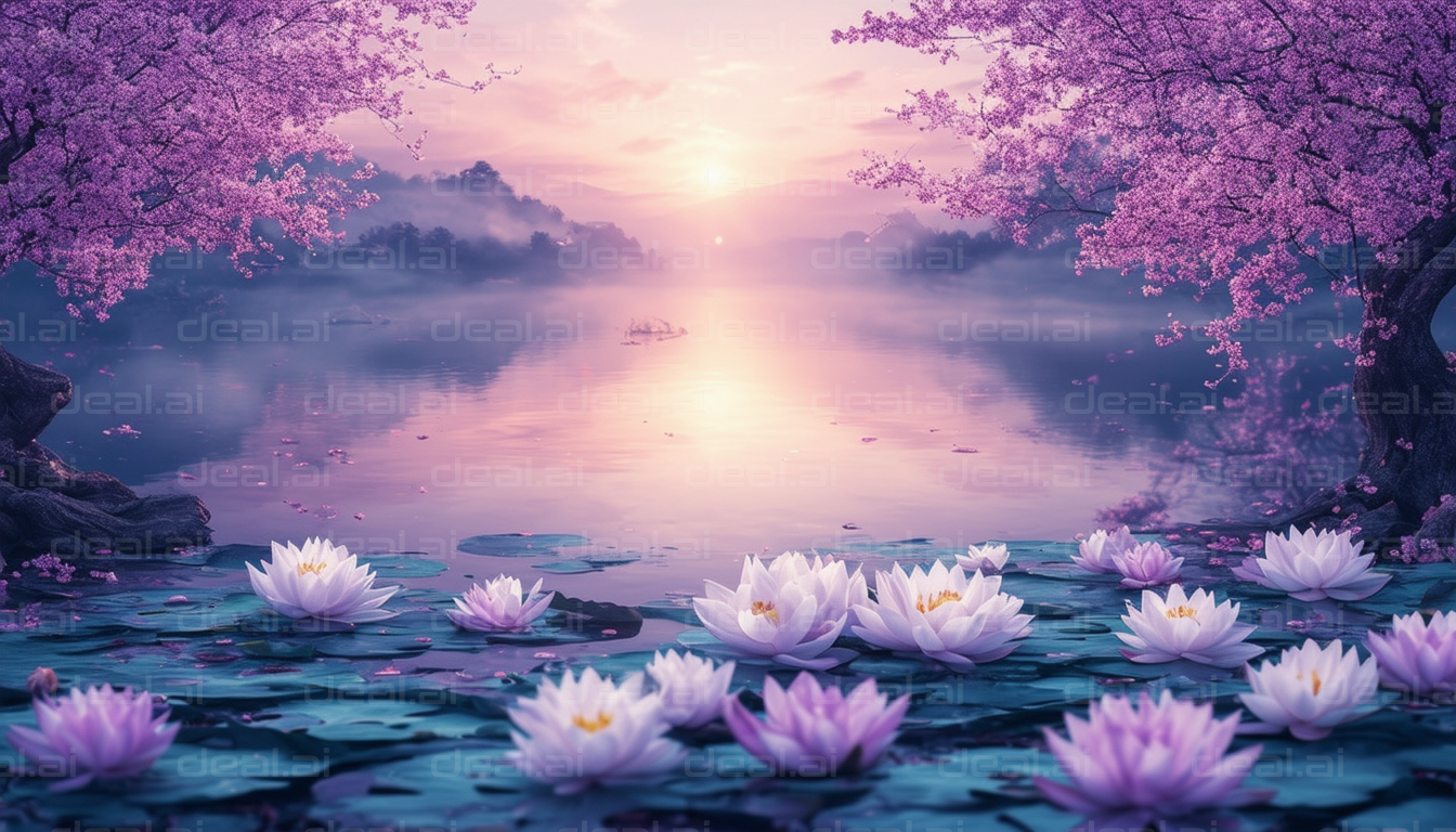 Tranquil Blossom Sunrise Over Lake