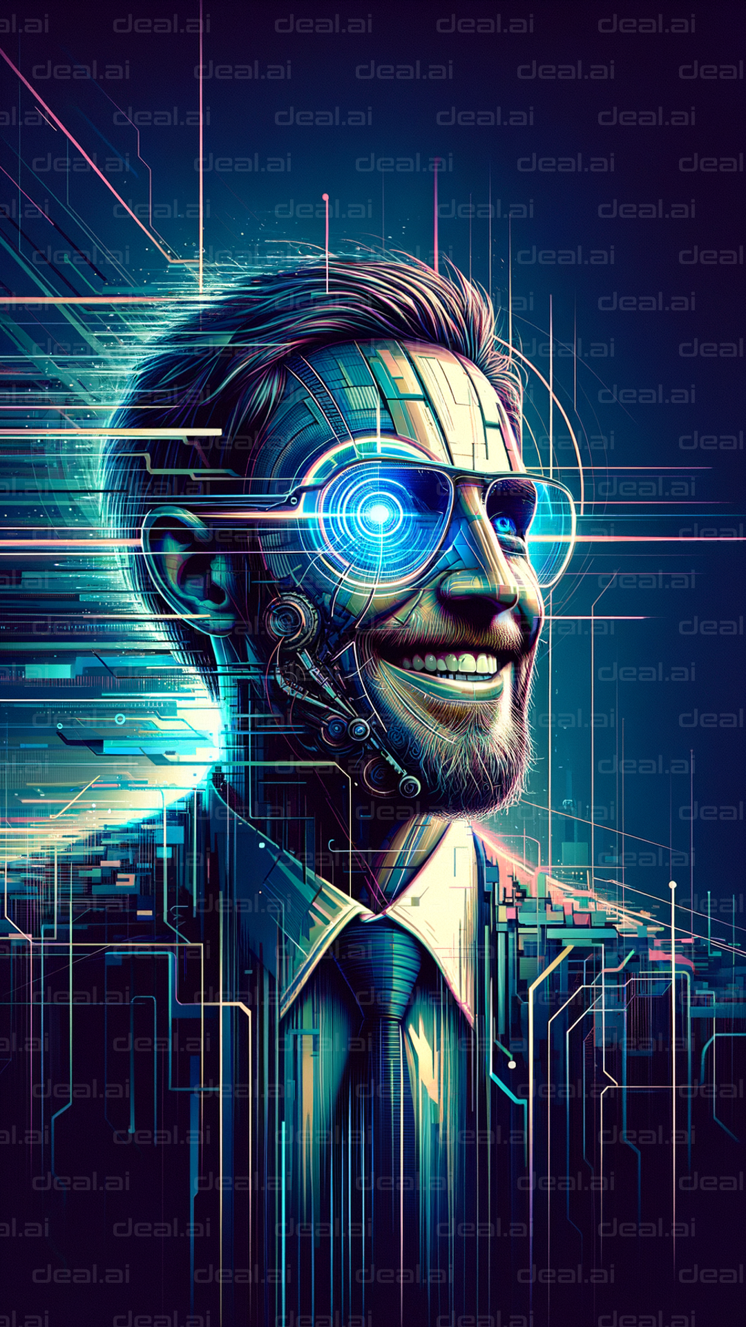 "Futuristic Cyborg with Circuit Background"