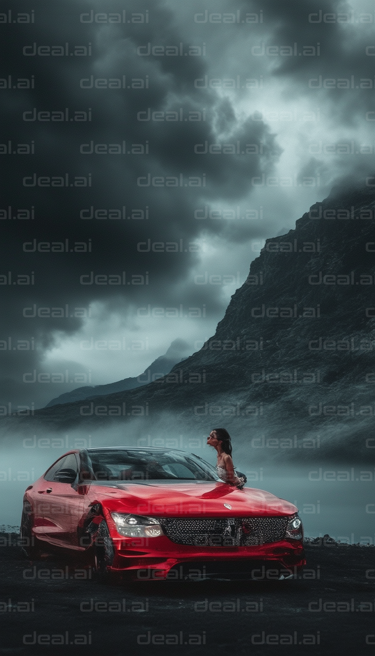 "Red Car in Stormy Mountain Landscape"