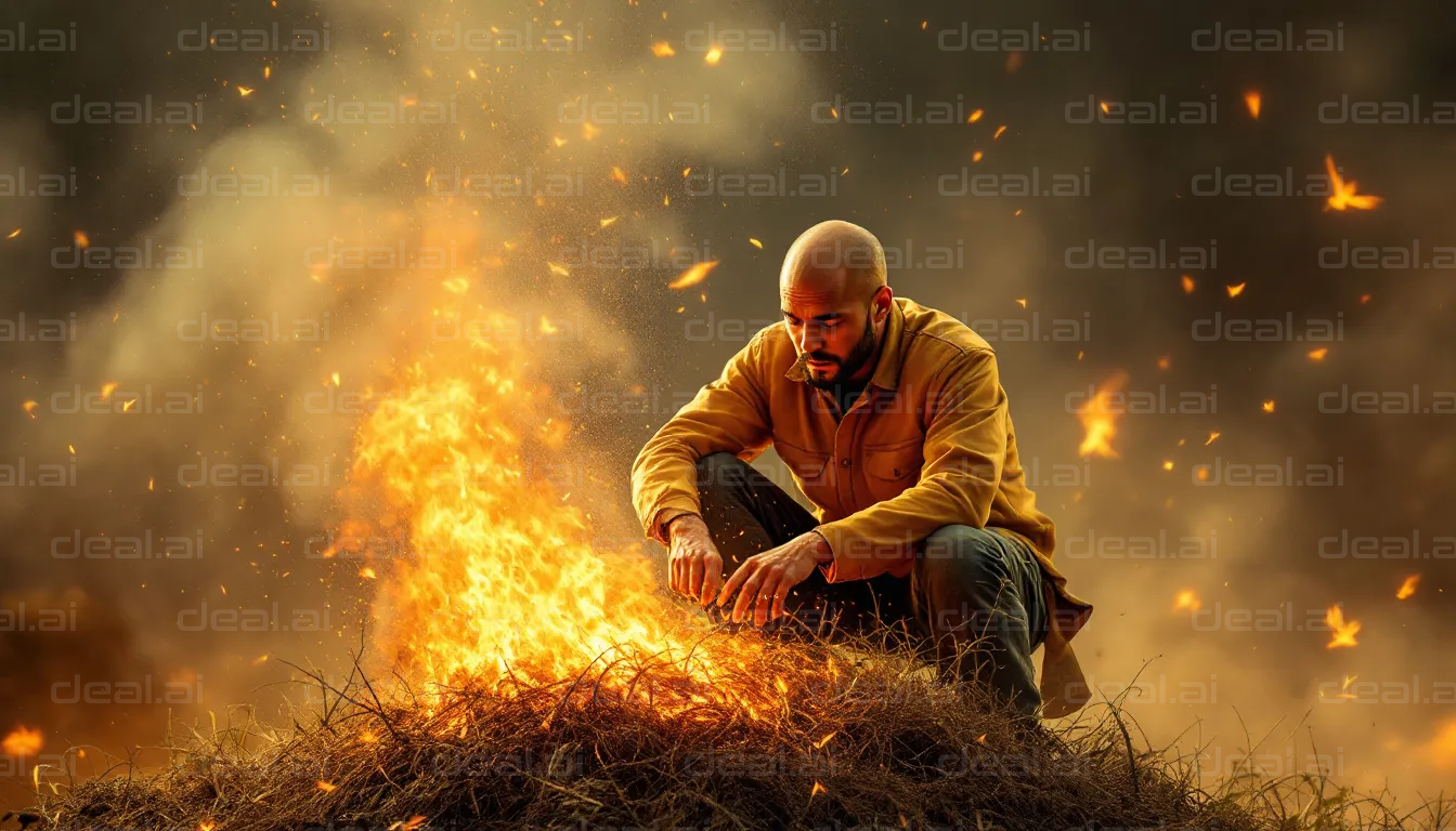 Man Contemplates Fire in Field