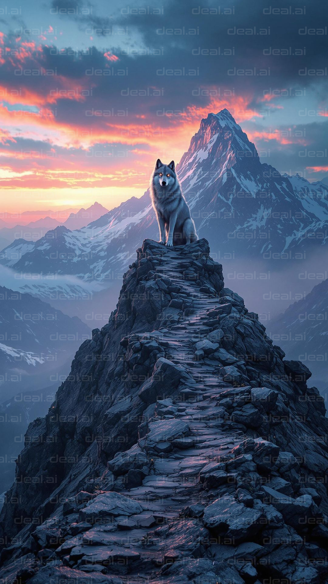 Wolf on Mountain Summit at Sunset